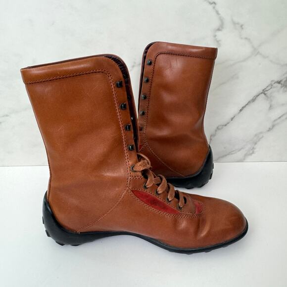 Tod's Womens Combat Boot Size 36/ 6 Leather Lace Up Neutral Biker Classic Brown - Picture 4 of 12